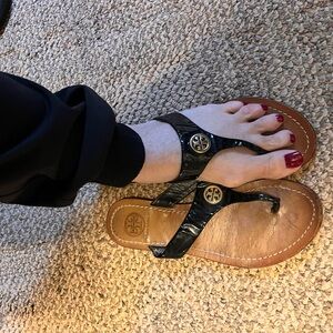 Tory Burch Black and Tan Sandals with Cork Footbed